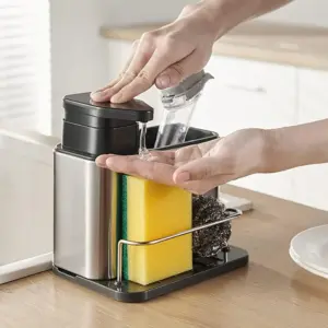 Alternative view of ديسبنسر صابون يدوي مع حامل لليف 2 في 1 استانلس ستيل غير قابل للصدأ - Manual Soap Dispenser with 2 in 1 Stainless Steel Scrubber Holder, Rust Resistant