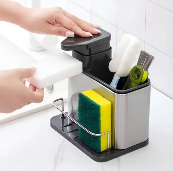 ديسبنسر صابون يدوي مع حامل لليف 2 في 1 استانلس ستيل غير قابل للصدأ - Manual Soap Dispenser with 2 in 1 Stainless Steel Scrubber Holder, Rust Resistant