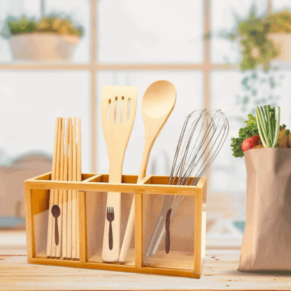 حامل أدوات مطبخ خشبي مقسم 3 خانات لتنظيم المعالق والشوك والسكاكين وأدوات الغرف والطبخ - Wooden Kitchen Utensil Holder with 3 Compartments for Spoons Forks Knives and Cooking Tools
