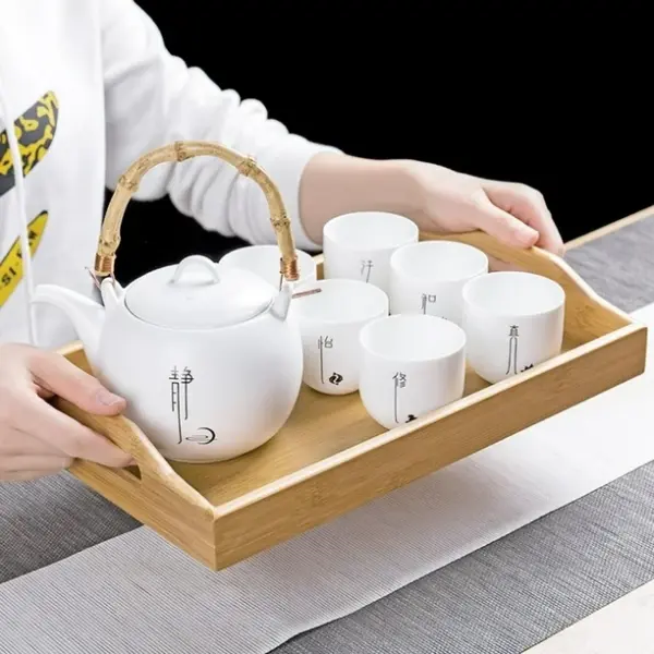 طقم صواني تقديم خشب 3 قطع بمقاسات مختلفة مع بيد جانبية لسهولة الحمل - Wooden Serving Tray Set of 3 with Different Sizes and Side Handles for Easy Carrying
