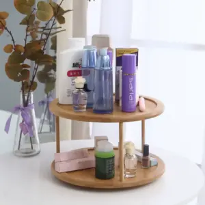 منظم خشبي دورين يدور 360 درجة لحمل وتنظيم أدوات المطبخ والميكب سهل التركيب والفك - Wooden 2 Tier 360 Degree Rotating Organizer for Kitchen and Makeup Easy to Assemble & Disassemble