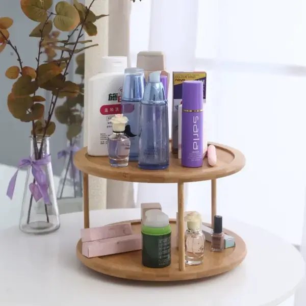 منظم خشبي دورين يدور 360 درجة لحمل وتنظيم أدوات المطبخ والميكب سهل التركيب والفك - Wooden 2 Tier 360 Degree Rotating Organizer for Kitchen and Makeup Easy to Assemble & Disassemble