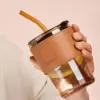 مج زجاج 500 ملي بشاليموه وجزء جلدي عازل للحرارة – Glass Mug 500ml with Straw & Heat Resistant Leather Sleeve