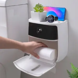 Alternative view of منظم وحامل ورق مناديل الحمام بدرج تخزين ورف بلزق دبل فيس قوي ايكوكو - Ecoco Bathroom Tissue Organizer & Holder with Storage Drawer & Shelf Strong Double Sided Adhesive Mount