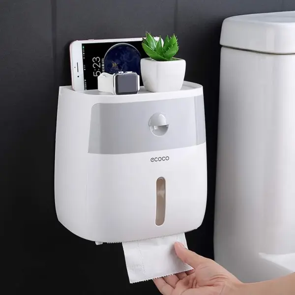 منظم وحامل ورق مناديل الحمام بدرج تخزين ورف بلزق دبل فيس قوي ايكوكو - Ecoco Bathroom Tissue Organizer & Holder with Storage Drawer & Shelf Strong Double Sided Adhesive Mount