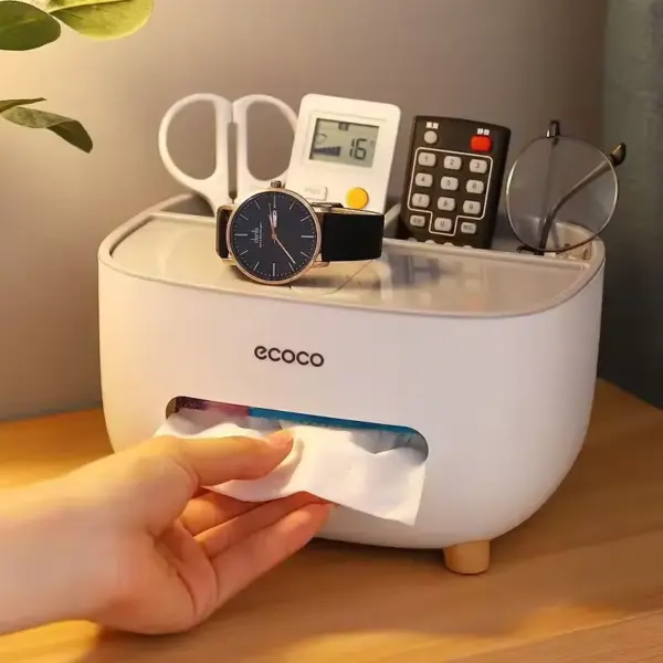 علبة مناديل ايكوكو بأرجل شكل خشبي مع فتحات لتنظيم الريموت والنظارات متعددة الاستخدام – Ecoco Tissue Box with Wooden-Look Legs & Multi Slot Organizer for Remotes & Glasses