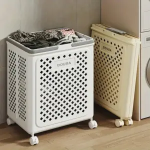 باسكت غسيل قابل للطي بعجلات ويد لسهولة التنقّل والحمل - Foldable Laundry Basket with Wheels and Handle for Easy Transport and Carrying