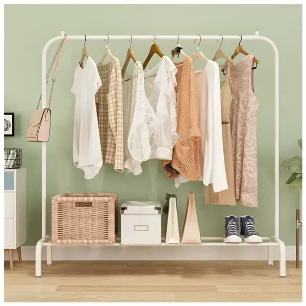 استاند ملابس معدني بهوكات ورف سفلي للأحذية والشنط - Metal Clothes Stand with Hooks & Bottom Shelf