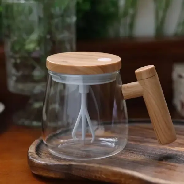 مج بايركس ذاتي التقليب بدون معلقة بغطاء ويد خشب - Self Stirring Borosilicate Glass Mug with Wooden Handle & Lid