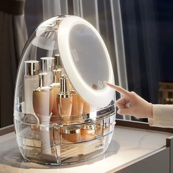 منظم ميكب أكريليك 3 درج مع مرايا دوارة مضيئة بوصلة يو اس بي – Acrylic Makeup Organizer with 3 Drawers & Rotating LED Mirror USB Powered