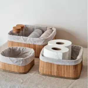 Alternative view of طقم 3 باسكت خشب مبطن بالكتان لتنظيم الميكب وأدوات العناية بالشعر والبشرة – Set of 3 Wooden Baskets with Linen Lining for Makeup & Hair and Skincare Accessories