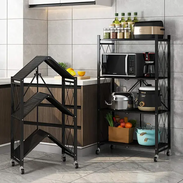 استاند منظم 4 رفوف معدني قابل للطي بعجلات لسهولة الحركة للمطبخ والحمام – Foldable 4 Tier Metal Storage Rack with Wheels for Easy Mobility in Kitchen & Bathroom