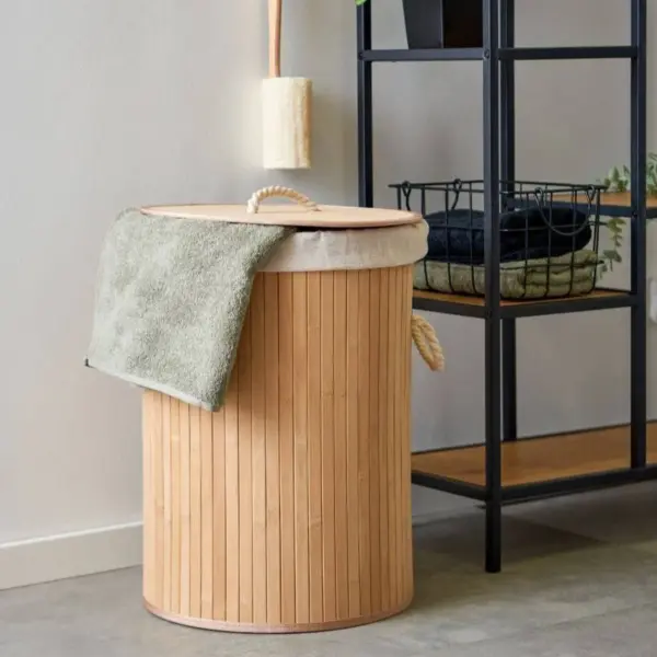 باسكت غسيل خشب ببطانة كتان قابلة للإزالة – Wooden Laundry Basket with Removable Linen Liner