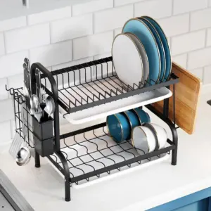 Alternative view of مطبقية 2 دور جرانيت مع رفين بلاستيك لتصفية المياه وحوامل للملاعق والسكاكين وألواح التقطيع - Granite 2 Tier Dish Rack with Two Plastic Drip Trays and Holders for Spoons Knives & Cutting Boards