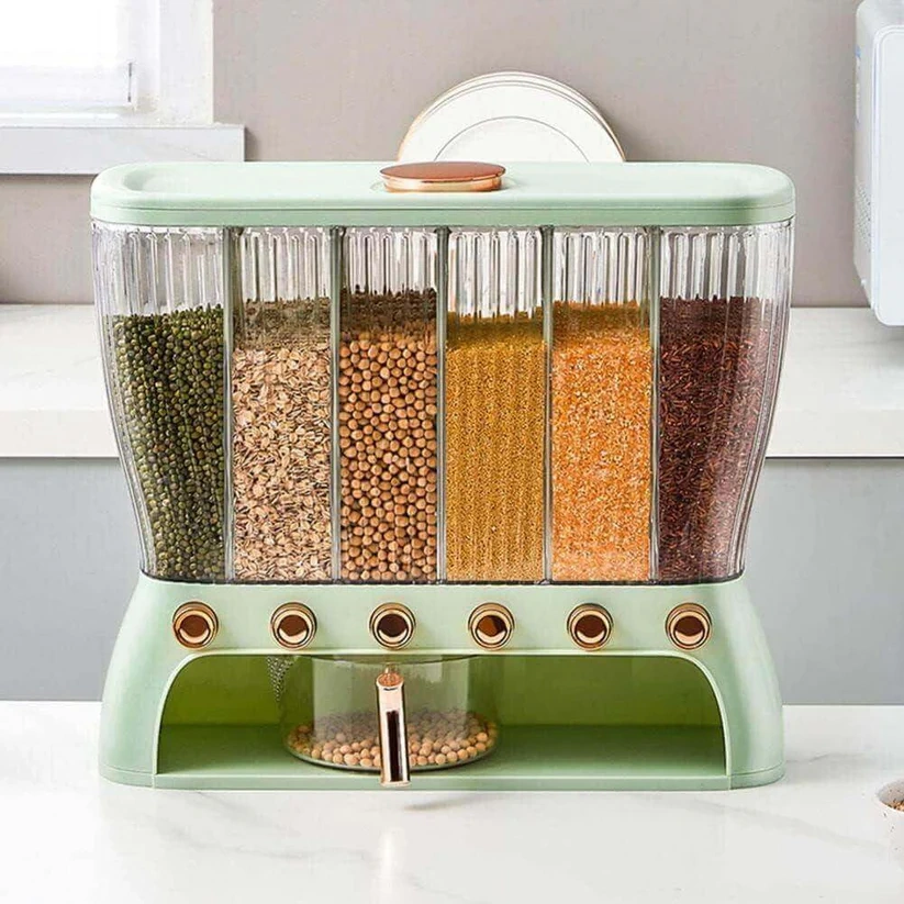 ديسبنسر بقوليات 6 خانات بمعيار لتنظيم الأرز والمكرونة والشعيرية والحبوب - Grain Dispenser with 6 Compartments & Measuring Cup for Rice Pasta Vermicelli & Grains - Image 2