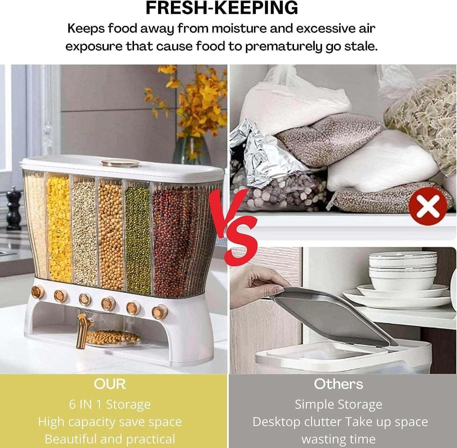 ديسبنسر بقوليات 6 خانات بمعيار لتنظيم الأرز والمكرونة والشعيرية والحبوب - Grain Dispenser with 6 Compartments & Measuring Cup for Rice Pasta Vermicelli & Grains - Image 5