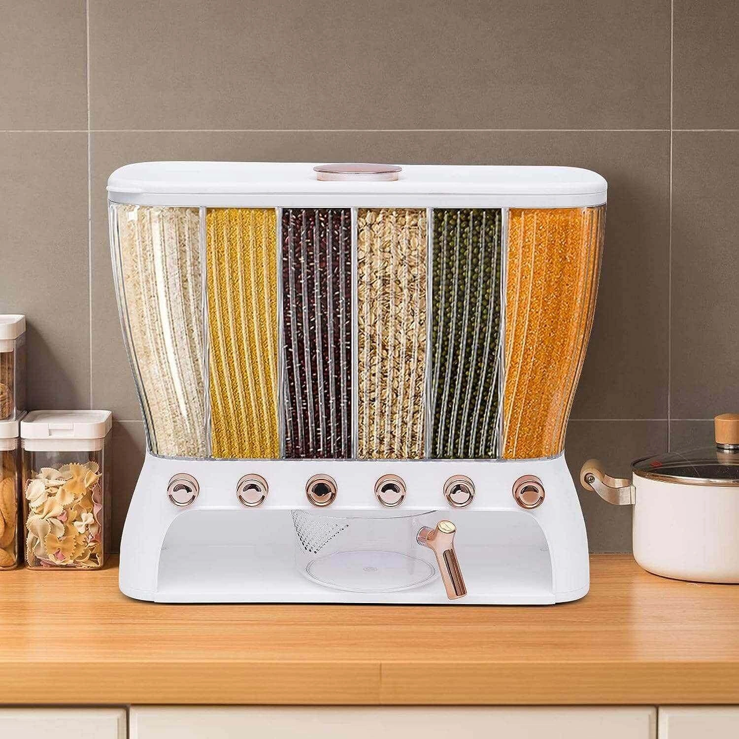 ديسبنسر بقوليات 6 خانات بمعيار لتنظيم الأرز والمكرونة والشعيرية والحبوب - Grain Dispenser with 6 Compartments & Measuring Cup for Rice Pasta Vermicelli & Grains - Image 6