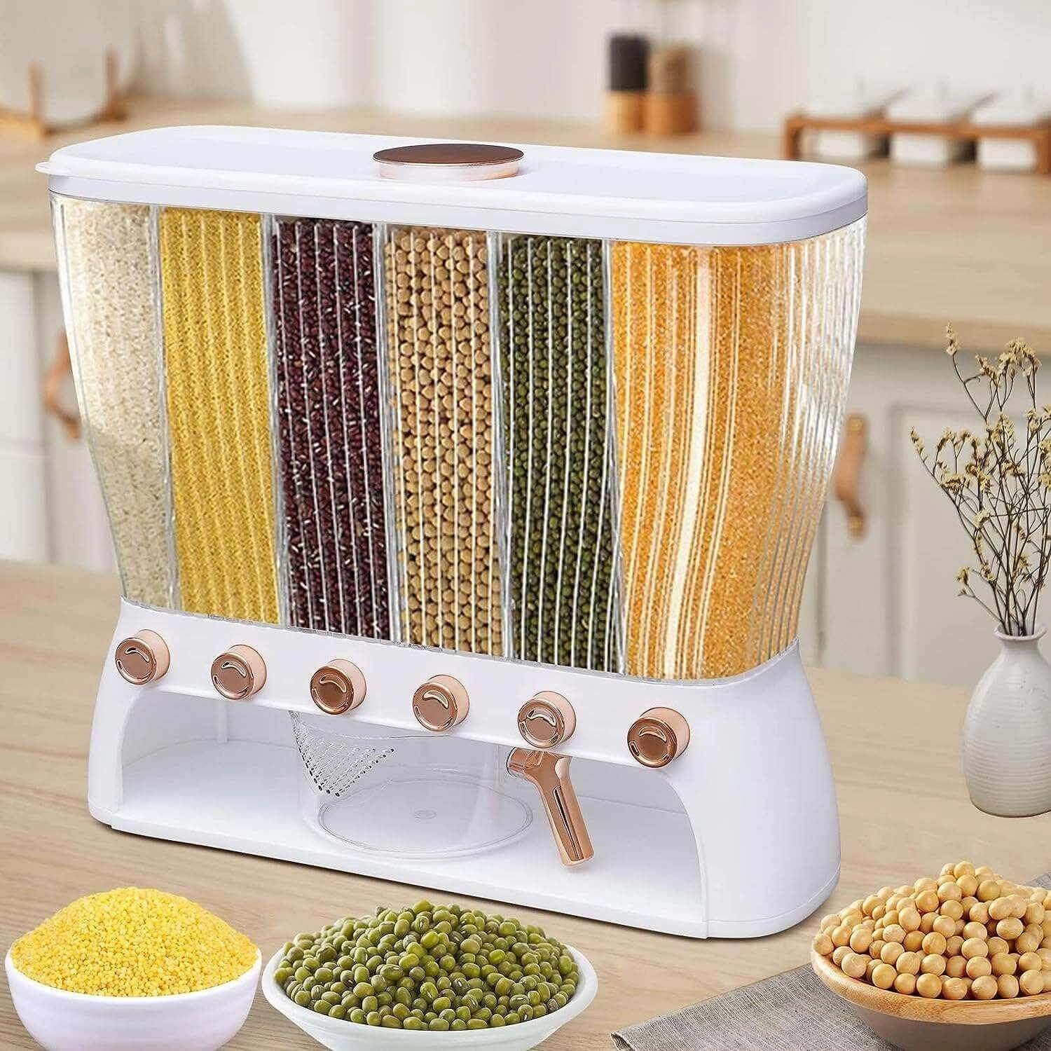 ديسبنسر بقوليات 6 خانات بمعيار لتنظيم الأرز والمكرونة والشعيرية والحبوب - Grain Dispenser with 6 Compartments & Measuring Cup for Rice Pasta Vermicelli & Grains - Image 8