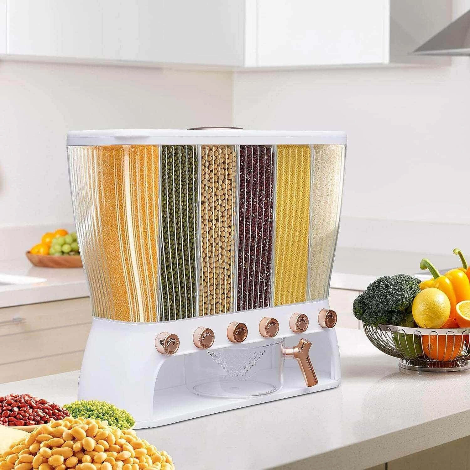 ديسبنسر بقوليات 6 خانات بمعيار لتنظيم الأرز والمكرونة والشعيرية والحبوب - Grain Dispenser with 6 Compartments & Measuring Cup for Rice Pasta Vermicelli & Grains - Image 10