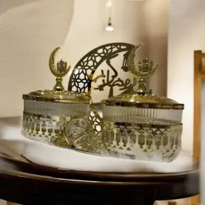 بونبونيرة رمضان كريم قاعدة استانلس ستيل مع 2 بولة زجاج - Ramadan Candy Dish Stainless Steel Base with 2 Glass Bowls